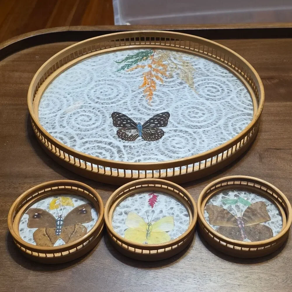 Vintage Round Wood Butterfly Coaster Set 6pc w/ Tray, Made in Taiwan